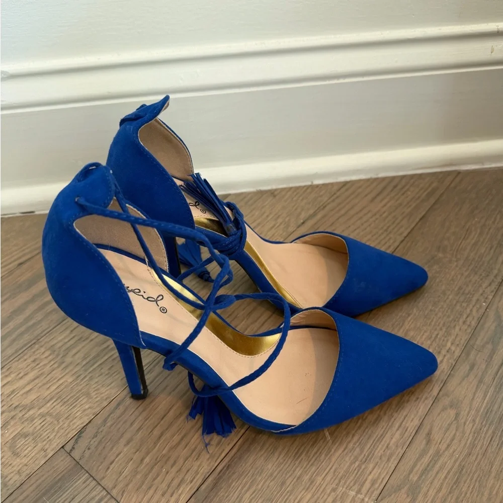 Qupid Royal Blue Lace-Up Pointed Toe Heels